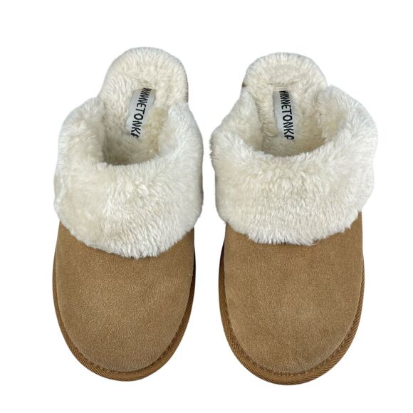 Minnetonka Women’s Mule Slippers 10M Tan Suede Faux Fur Lined Slip-On Comfort - Picture 3 of 11
